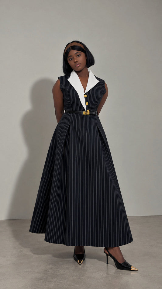 Pinstripe Lapel Midi Dress